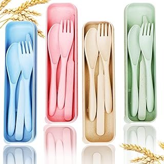 Reusable Travel Utensils Set with Case, 4 Sets Wheat Straw Portable Knif...