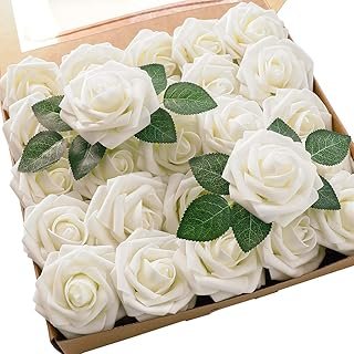 Floroom Artificial Flowers 25pcs Real Looking Ivory Foam Fake Roses with...