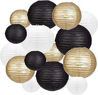 15 Pieces Black and Gold Paper Lanterns - Black&Gold Birthday Party Deco...
