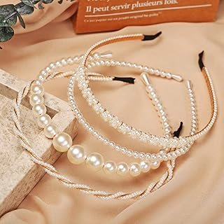 BEAYFILY 4 Pack Pearls Fashion Headbands,White Artificial Pearl Rhinesto...