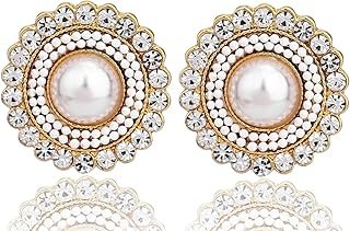 Big Stud Earrings, Cream Dome Pearl,Crystals Rhinestones Art Vintage Ear...