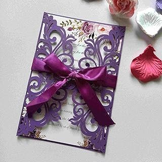 25PCS Dark Purple Laser Cut Wedding Invitations Cards with Envelopes,Bla...