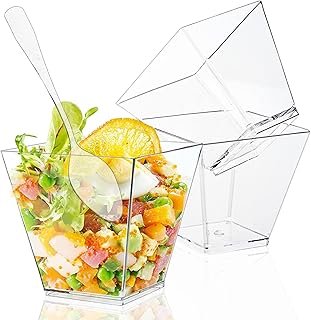 50 Pack 3.5 Oz Mini Square Dessert Cups with Spoons,Plastic Parfait Appe...