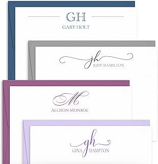 Personalized Custom Monogram Initials Note Cards - Flat and Folded Corre...