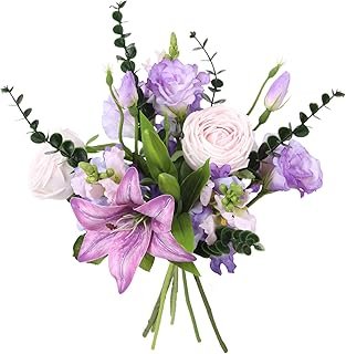IPOPU Fake Purple Flowers Bouquet Kit - Lilies Flowers, Real Touch Roses...