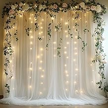 10x10ft White Tulle Backdrop Curtain with String Lights, Wrinkle-Free Sh...