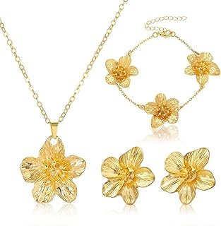 Gold Flower Jewelry Set for Women, Dainty Gold Flower Necklace, Boho Sta...
