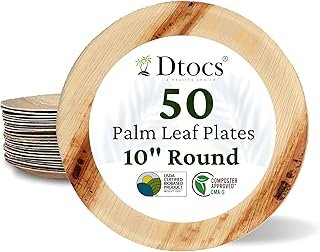Dtocs Palm Leaf Plates 10 Inch Round (50) | Bamboo Plates Disposable Lik...