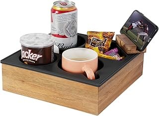 Couch Cup Holder Tray, Soft Food Grade Silicone Acacia Wooden Couch Cadd...