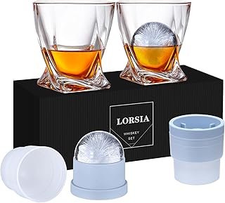 Whiskey Rocks Glass, Set of 4 (2 Crystal Bourbon Glasses, 2 Round Big Ic...