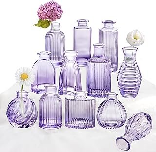 Glass Bud Vases Set of 12, Small Purple Vase Glass Vases for Flowers Mod...