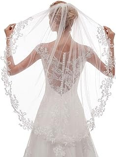 EllieHouse Womens Short Fingertip Length 1 Tier Lace Wedding Bridal Veil...