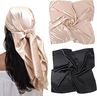 35” Large Satin Square Head Scarf - 2Pcs Silk Like Floral Head Scarves S...