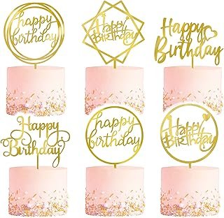 6-Pack Gold Cake Topper Set, Double-Sided Glitter, Acrylic Happy Birthda...