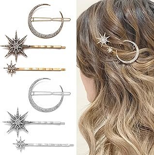 mdgfge 6 Pieces Rhinestone Stars Moon Hair Clips Vintage Star Hairpins C...