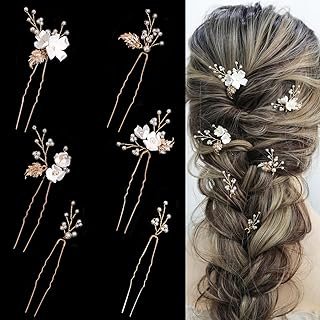 Handmade Pearl Bridal Wedding Hair Pins 6Pcs White Flower Gold Leaf Pear...