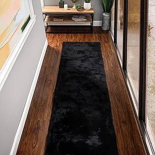 Black Shag Faux Rabbit Fluffy Fur Rugs for Bedroom Machine Washable Runn...