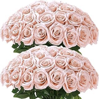 50Pcs Blush Roses Artificial Flowers Artificial Silk Roses Bulk,Fake Ros...