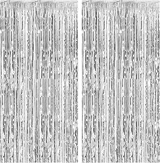 2 Pack Foil Curtain Backdrop Silver Metallic Tinsel Foil Fringe Curtains...