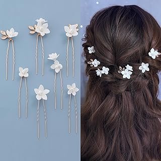 Handmade Bridal Wedding Hair Pins 7 Pcs Polymer Clay White Flower Hair C...