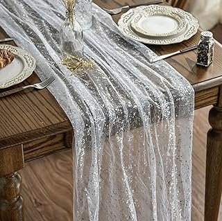 Artoid Mode White Silver Gauze Table Runner 120 Inch 10FT, Glitter Metal...