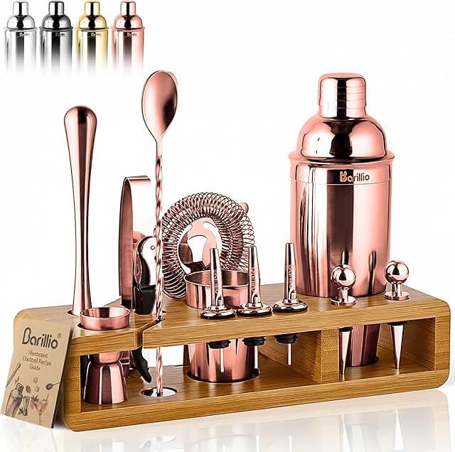 Barillio Rose Gold Bartender Kit - Stainless-Steel Cocktail Shaker Set w...