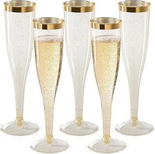 CHATEAU FINE Plastic Champagne Flutes, 6.5 Oz Glasses with Gold Rim & Gl...