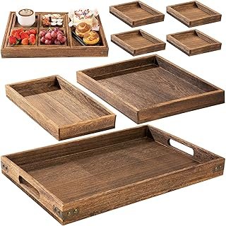 Yangbaga Rustic Wooden Serving Trays with Handle - Set of 7 Rectangular ...