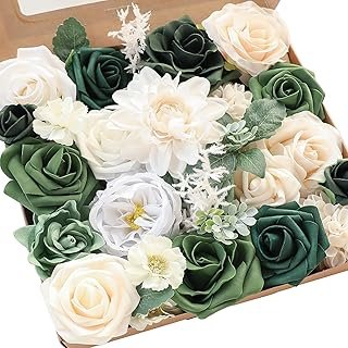 Floroom Olive Green Artificial Flowers Forest Green Fake Roses Peonies D...