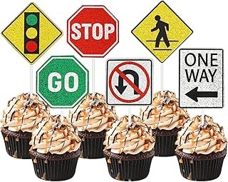 Traffic Road Sign Cupcake Topper, Transportation Birthday Cake Decor, Ne...