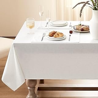 10 FT Cream Ivory Linen Tablecloths for Rectangle Tables Wrinkle Resista...