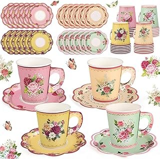 48 Sets Vintage Floral Tea Party Cups 7 OZ Disposable Paper Tea Cups wit...