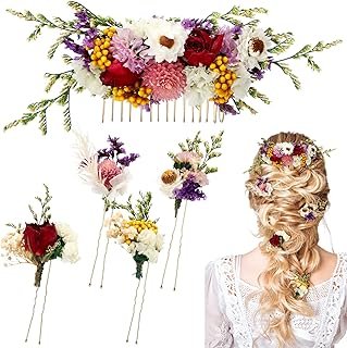5 Pcs Purple Dried Flower Hair Pins and Comb for Wedding with Baby Breat...