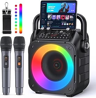 Karaoke Machine, Portable Bluetooth Speaker with 2 Wireless Microphones ...