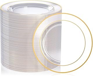 FOCUSLINE 7 Inch Small Clear Gold Plastic Plates 100 Count, Disposable H...