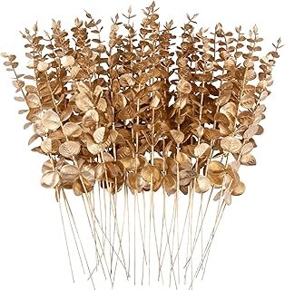 FEQO 36 Pcs Gold Eucalyptus Stems Artificial Leaves Faux Eucalyptus Stem...