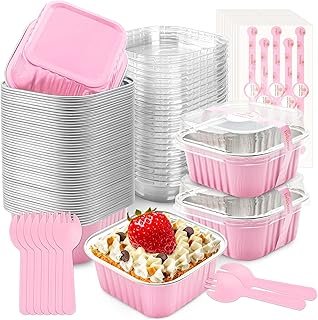 50 Pcs Mini Cake Pans with Lids and Spoons Aluminum Foil Mini Square Bak...