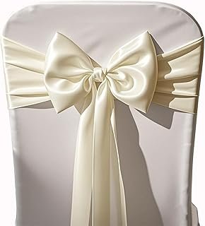 Pack of 50 Wedding Satin Chair Sashes Ivory Bows 7x108inch Ribbon Fabric...