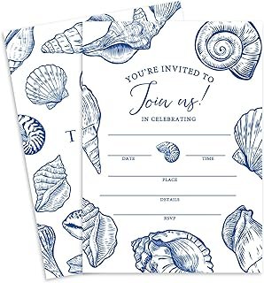 Whaline 20 Pack Ocean Invitations with Envelopes Stickers Blue Sea Shell...