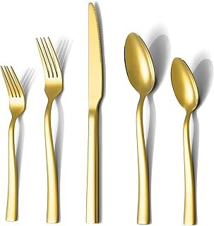 Gold Silverware Set, Briout 40 Piece Stainless Steel Flatware Cutlery Se...