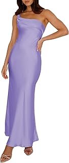 2025 Satin One Shoulder Maxi Dress for Women Summer Silk Formal Elegant ...