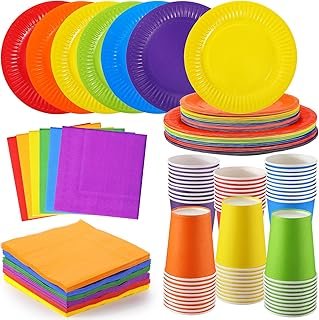 Geosar 240 Pieces Rainbow Party Tableware 60 Set Colorful Paper Plates a...