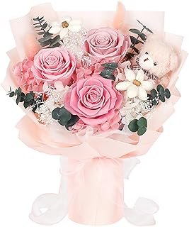 Preserved Flowers Bouquet with Bear, 3 Real Forever Flowers for Delivery...