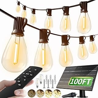 luckystyle 100FT Solar String Lights Outdoor Waterproof 2200K with Remot...