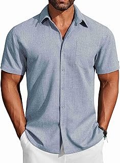 Men's Button Down Shirts Short Sleeve Casual Shirts Summer Beach Linen S...