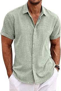 Men's Linen Shirts Short Sleeve Casual Shirts Button Down Shirt for Men ...