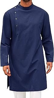 Mens Kaftan Thobe Robe Long Sleeve Cotton Henley Shirt Casual Muslim Gow...