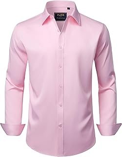 Men's Dress Shirts Solid Long Sleeve Stretch Wrinkle-Free Formal Shirt B...