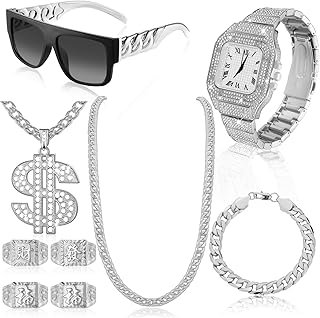 9 Pcs Hip Hop Jewelry Set Dollar Sign Pendant Necklace Bracelet Diamond ...