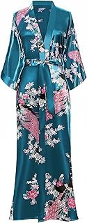 BABEYOND Women's Kimono Robe Long Satin Robes with Peacock and Blossoms ...